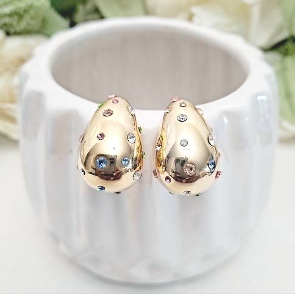 18K Gold Plated boho Chunky Half-Dome earrings Hoops Rhinestone Statement event - Picture 1 of 16